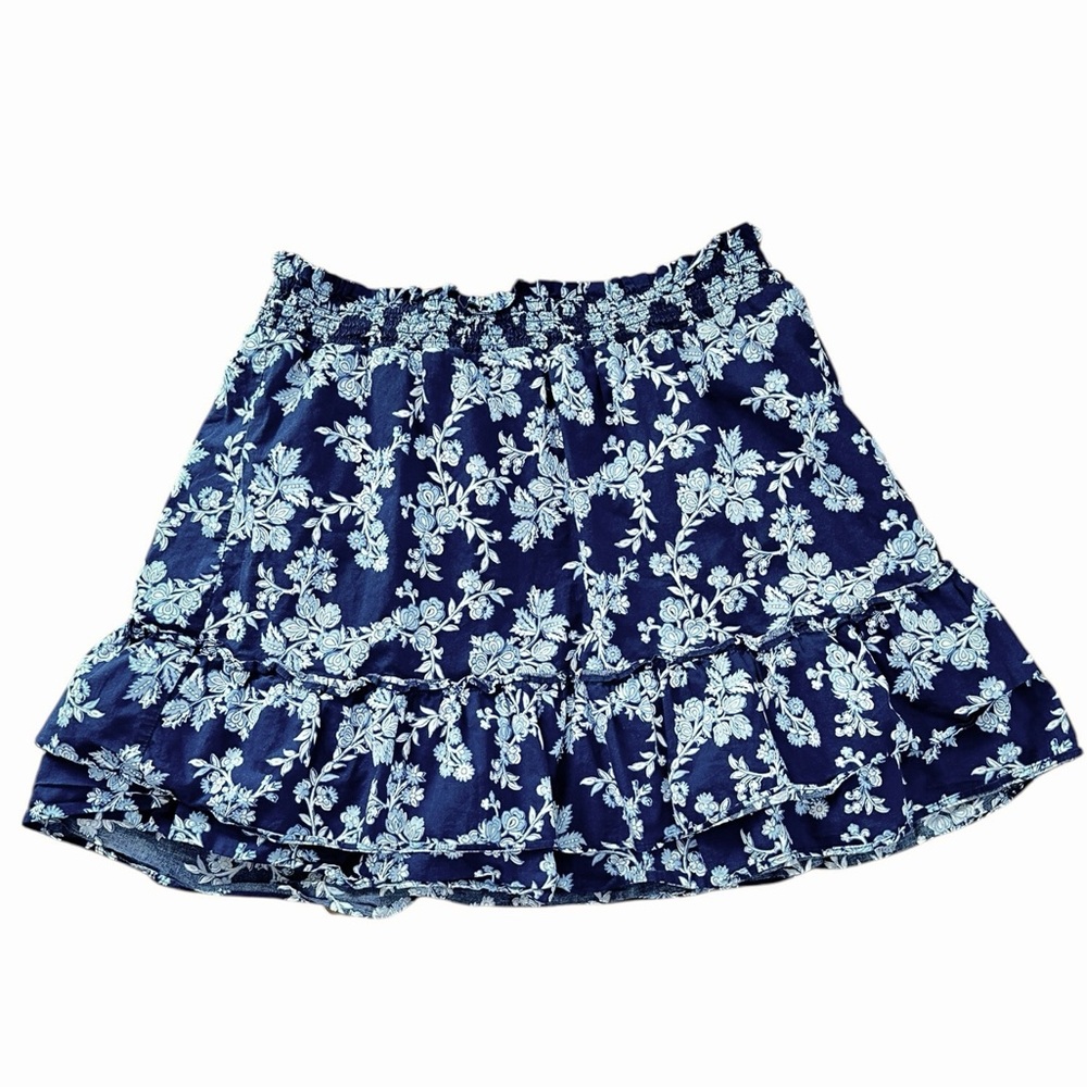J. CREW navy blue floral 100% cotton 2 tiered ruffle hem mini skirt size Large
